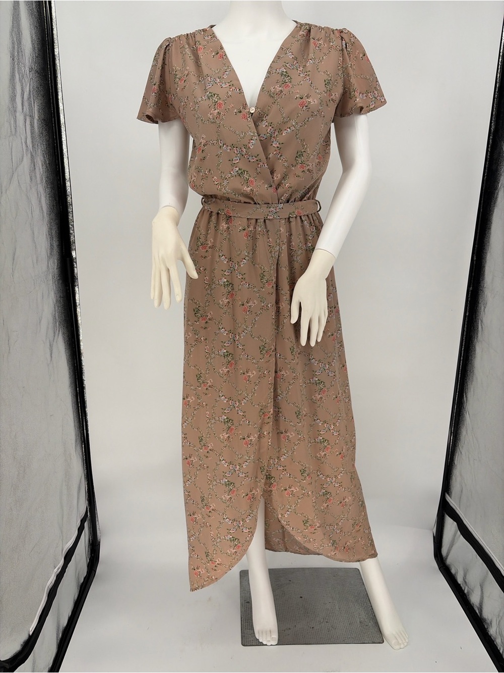 Taupe Floral Wrap High-Low Maxi Dress with Self-Tie Belt
